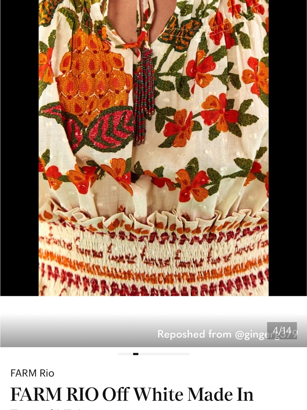 Farm RioWomen's Floral Smocked Peasant Top - White with Red & Green Floral Print - Picture 4 of 6